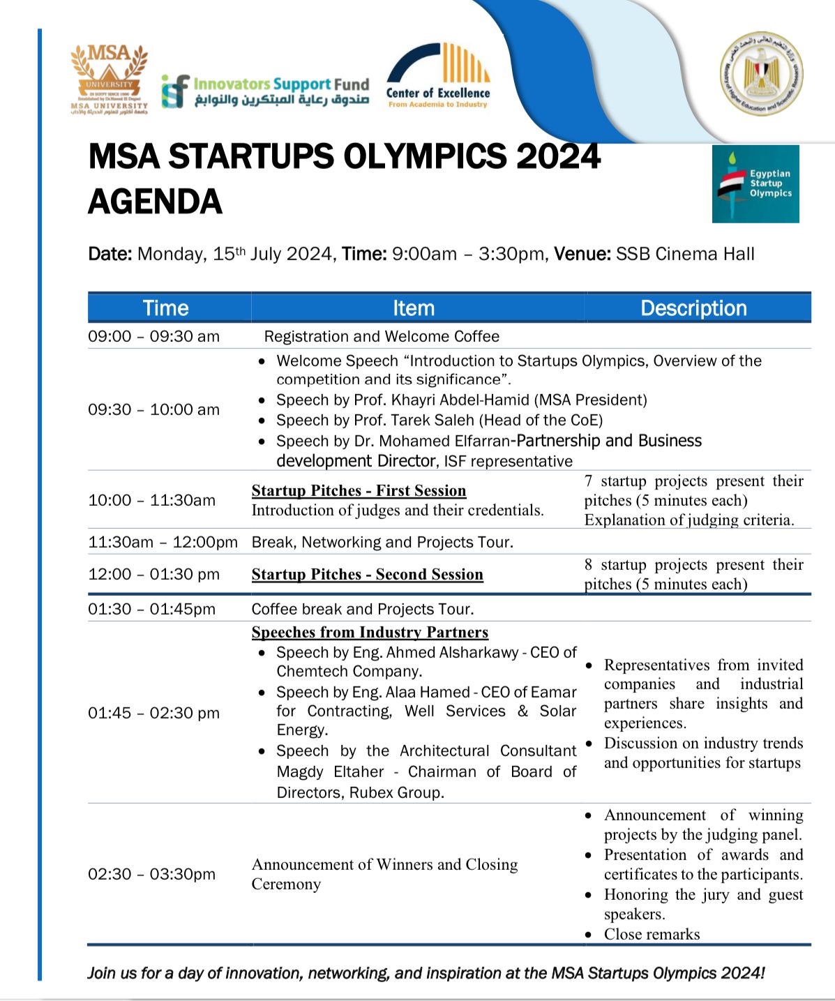 MSA Startup Olympics 2024 - Agenda